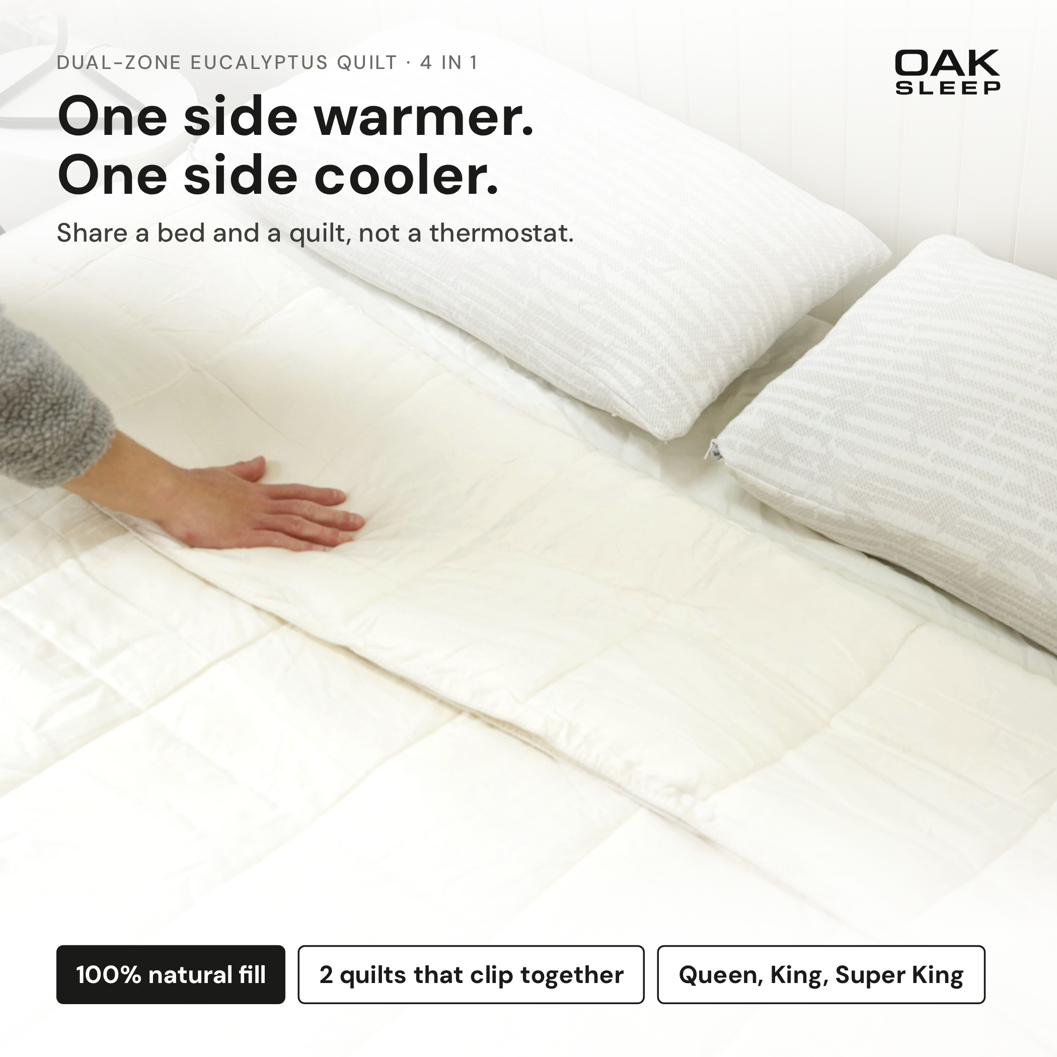 Dual-zone quilt with one warmer side and one cooler side
