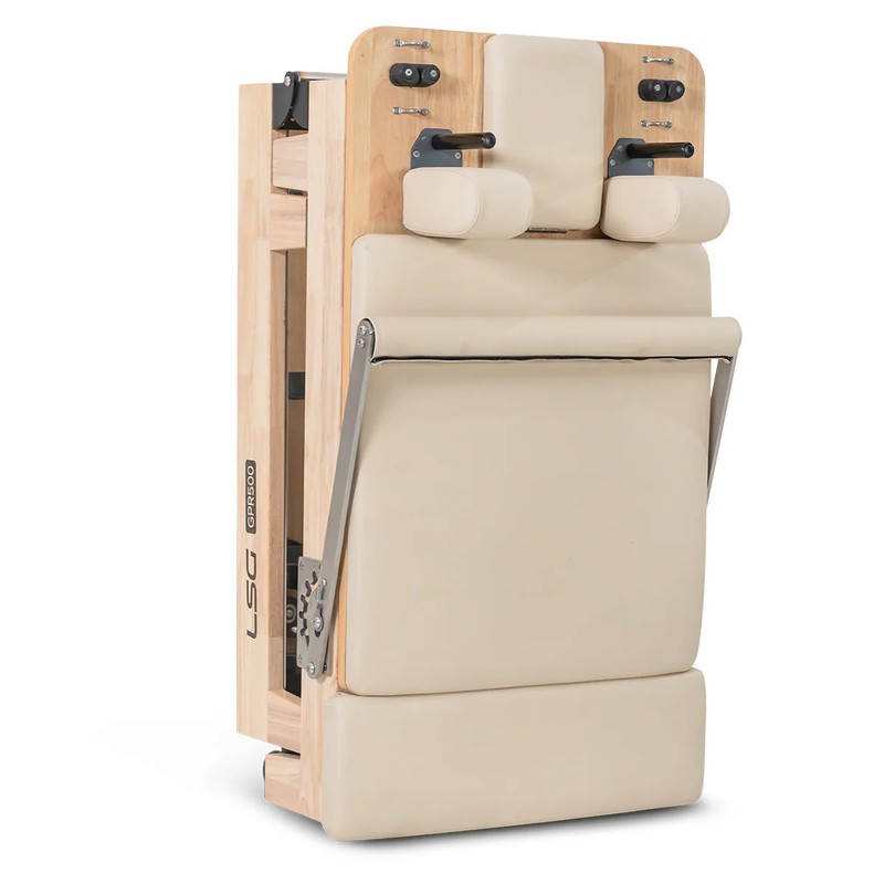 lsg-gpr500-foldable-pilates-reformer-machine-beige-folded-upright-view