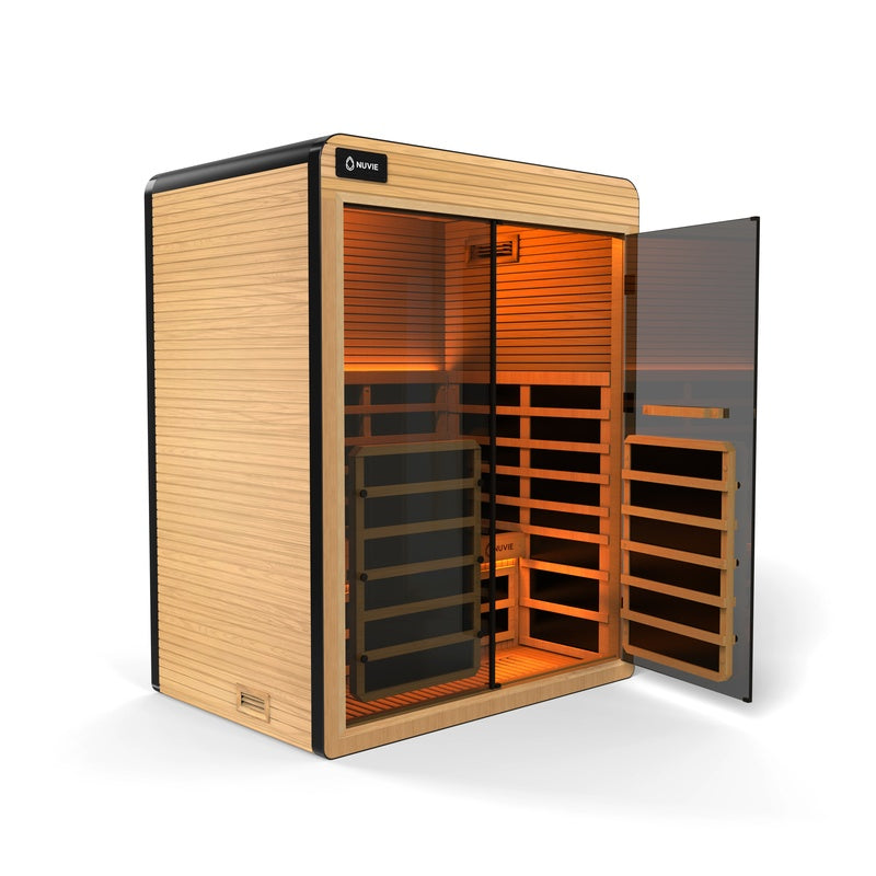 nuvie-arc-2-person-infrared-sauna-45-degree-angle-door-open