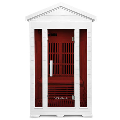 regen8-duo-outdoor-infrared-sauna-white-2-person-front-view-red-light