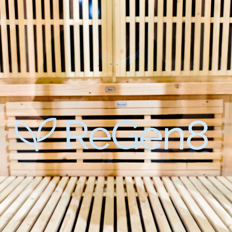 regen8-quadro-outdoor-4-person-infrared-sauna-natural-interior-glass-door-logo