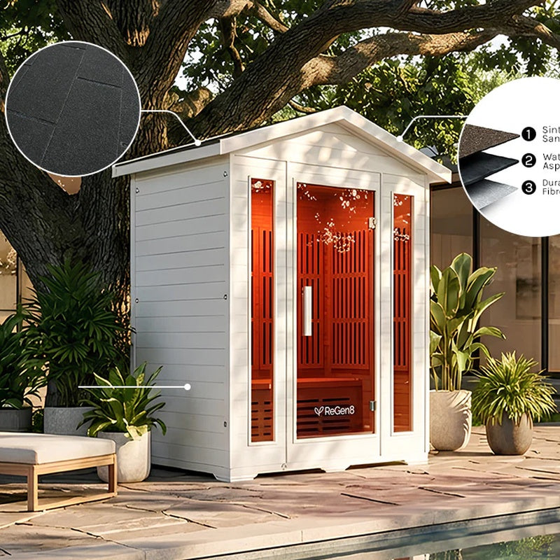 regen8-trio-outdoor-3-person-infrared-sauna-white-engineered-roof-poolside