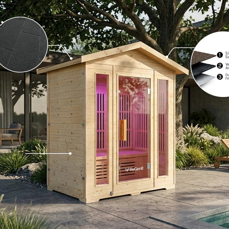 regen8-trio-outdoor-infrared-sauna-3-person-engineered-roof-poolside