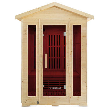 regen8-trio-outdoor-infrared-sauna-3-person-front-view-red-light