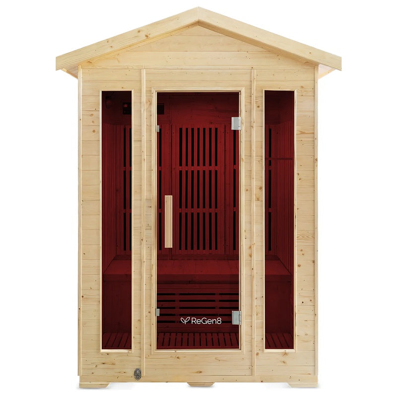 regen8-trio-outdoor-infrared-sauna-3-person-front-view-red-light