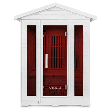 regen8-trio-outdoor-infrared-sauna-white-3-person-front-view-red-light